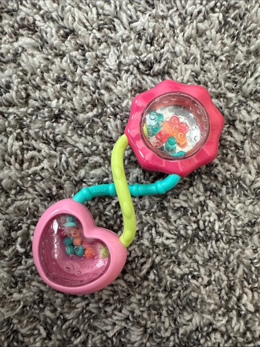 Pink Heart & Flower Learning Rattle Toy with Teal and Lime Handle